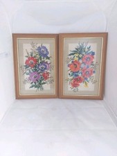 Pair Of Vintage Tent Stitch Tapestry Embroidery Framed Flowers Floral Pictures