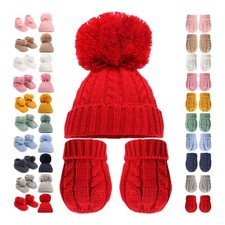 Baby Boys Girls Unisex Winter Cable Twist Pom Pom Knit Hat Mittens Booties 0-24M
