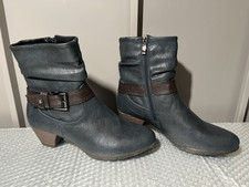 Pavers Ankle Boots Womens EU 39 UK 6 Navy Blue Buckle Block Heel Faux Fur Lined