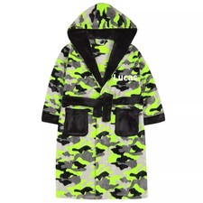 Boys  Personalised Dressing Gown with Hood Plush Fleece Neon Camouflage 7-13