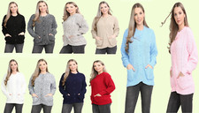 Ladies Cardigan Knitted 2 Pocket Front Button Up Crew Neck Long Sleeve Sweater