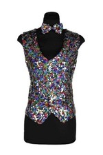 Womens Multi Coloured Sequin Waistcoat Bow Tie Columbia Costume Accessory XS S M