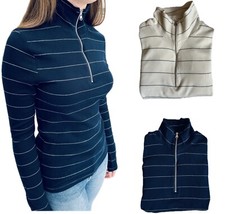 Ladies Marks Ribbed Top Zip High Neck Long Sleeved Striped Navy Cotton T-shirt