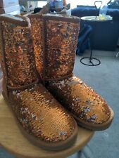WOMENS FLAT SEQUIN TAN MID CALF WARM WINTER SHERPA LINED SNUGG HUG BOOTS SIZE 3