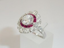 Ladies Art Deco Halo Design 925 Sterling Solid Silver White Sapphire & Ruby Ring