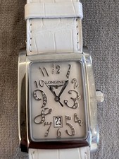 White Leather Longines dolce vita ladies watch With Diamonds On The Dial
