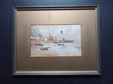 old original watercolour painting signed seascape,boating,Scarborough scene