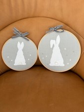 Mamas & Papas Wooden & Linen Embroided Bunny Picture x2 Home Decor Wall Hanging