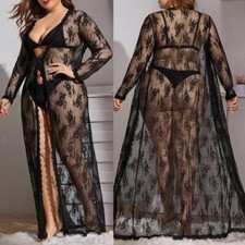 Women Sexy Lace See Through Lingerie Night Gown Dressing Robe Sleepwear UK20-28