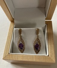 Vintage 9ct Gold & Amethyst Victorian Style Drop Earrings Size30x9mm London 1965