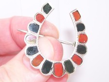 Fine Antique Victorian Solid Silver Agate Lucky Horse Shoe Horseshoe Brooch Pin
