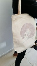 REDUCED COTTON TOTE AFRO GIRL MOTIF rhinestones.Black Magic Girl