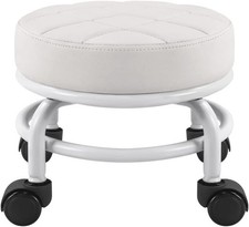 FURWOO Roller Seat White PU Leather Low Round Rolling Floor Stool with Wheels