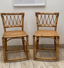 Pair Of 2 Vintage Rattan Cane Bamboo Wicker Chairs Seats Retro Boho