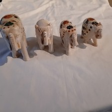 Set Of 4 Marble Elephants With Inlaid Floral Designs In Colourful Patterns