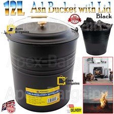 12L Metal Ash Bucket Fireside Storage Coal Bin Fire Log Container With Lid Black