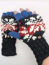 Fat Face Womens Fingerless Gloves Mittens Thick Knit Red Navy White Snowflake