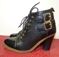 Topshop Womens Black Leather Victorian Goth Style Ankle Gold Buckle Boots Uk 4