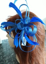  Royal Blue Coiled Net & Feather Fascinator On A Clear Comb