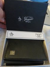 Original Penguin Trifold Slim Black Leather wallet billfold NEW in gift box