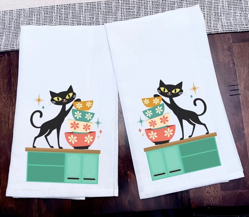 Cat kitchen towels retro mcm - cat,