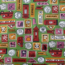 Vtg 1960s Postage Stamps Postal Themed Novelty Print Cotton Fabric 1.32m 52"x36"