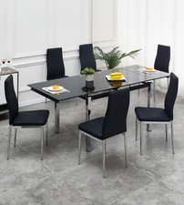 Dining Table Set Extending Black Glass Chrome Metal Legs & 6 Faux Leather Chairs