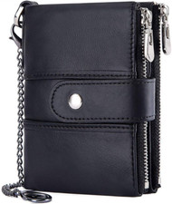 RFID Blocking Genuine Leather Men's Wallet with Chain, Double Compartment