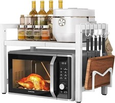 2 Tier Expandable Microwave Oven Rack FOR AUCTION - Microwave Stand with 6 Hooks
