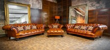 PAIR TETRAD OSKAR CHESTERFIELD TAN LEATHER 3/4 SEATER SOFAS CLUB CHAIR & STOOL