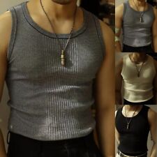 Beige Mens Solid Color Ribbed Knit I shaped Vest Sports Bottoming Slim Tank Top