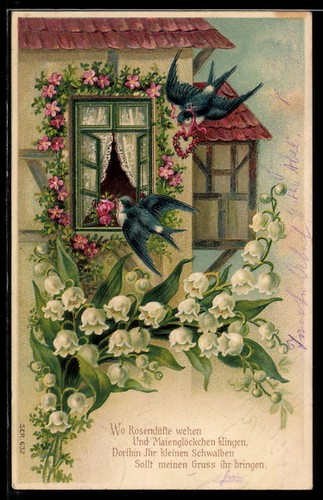 Postcard birds bring flowers