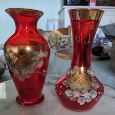 Bohemian Glass Vase Czechoslovakia Red-  Gold Gilt Enameled Flowers Set Of 2.