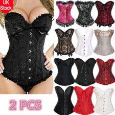 2PCS Women Lace Up Corset Burlesque Basque Bustier Fancy Costumes Plus Size UK