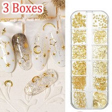 3 Boxes Metal Nail Charms Moon Stars Nail Art Jewelry DIY Accessory Decorations