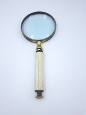 Vintage Hand Held Magnifying Glass Brass & Carved Handle - 24.5cm Length