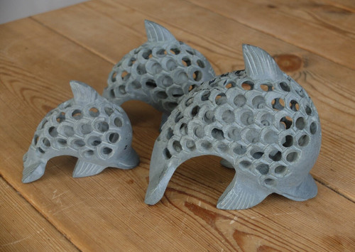 Three soapstone dolphin nested - three,