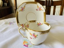 Rare Antique Court China William Lowe Tea Cup & Saucer Duo Gold & Floral c1928