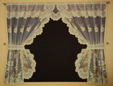 LEANNE NET CURTAIN CREAM AND BROWN FRILLED WINDOW SET WITH ATTACHED VALANCE  