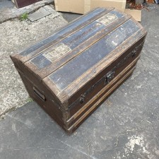 Antique Dome Top Metal & Wood Bound Steamer Travel Trunk Storage Blanket Box