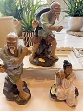 3 Vintage Chinese Mudman Shiwan Oriental Figurines Fisherman Farmer Flute Player