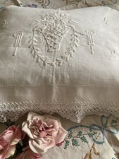 Antique White Linen Night Dress Case/Pillow Cover Embroidered Florals Lace Edge