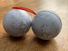 TWO CHRISTMAS BAUBLES THAT OPEN - METAL- SNOWFLAKE PRINT 