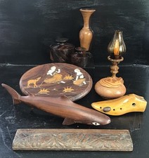 Antique & Vintage Large Group of Wooden Treen Vase, Shark, Pew, Pots, Cobbler