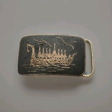 Vintage Siam Niello Sterling Silver Thai Belt Buckle Ship Boat Design 1.3/4" 