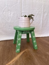 Small Chunky Green Footstool / Wooden Plant Stand Hand Painted Chicken Stencil
