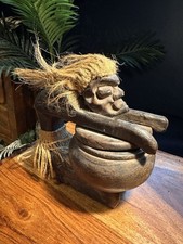 Vintage Tiki Style Carved Wooden Figure with Lidded Bowl 15cm Ethnic Surfing