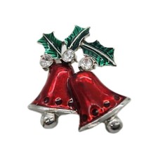 Two Christmas Pin Jingle Church Bell Brooch Pin Multicolored Enamel Silver tone
