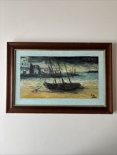 Original Oil On Board Harbour Boats Scene Painting Signed Axel 1976 Framed Art