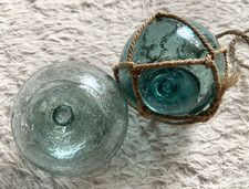 2 Japanese Antique Glass Fishing Floats w/ Net Rare Clear & Blue Hand-Blown 3.1”